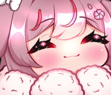 an image of fae astria, a lop bunny-human hybrid vtuber with long, slightly wavy pink hair that has a full fringe and very small strands of red hair within. the image is an emote made by severart, is in a very cutesy style, and has fae cuddled up in a very